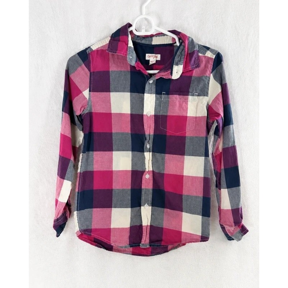 Cat & Jack Kids M 8/10 Pink Navy Plaid Cotton Long Sleeve Button-Up Shirt